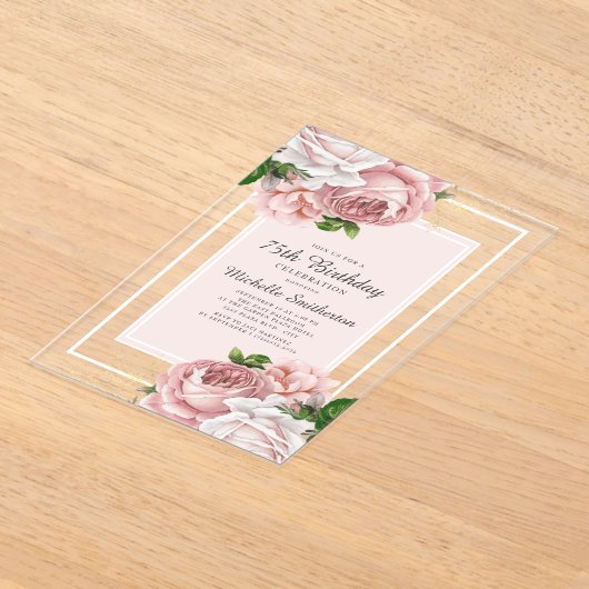 Elegant Blush Pink Floral 75th Birthday Acryl Uitnodigingen (Laagn)