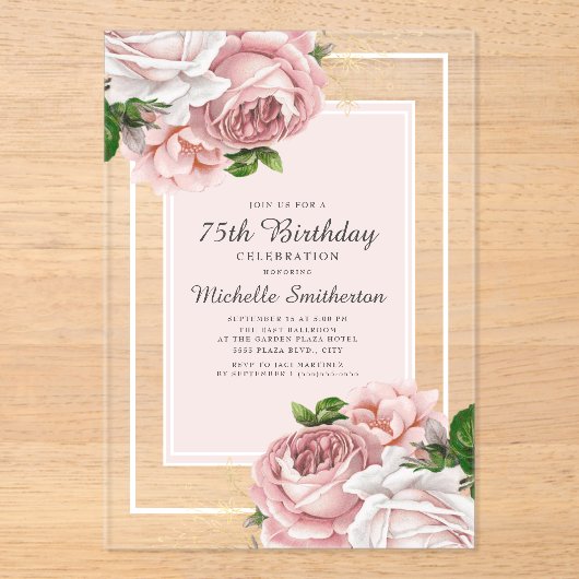Elegant Blush Pink Floral 75th Birthday Acryl Uitnodigingen (Voorkant)