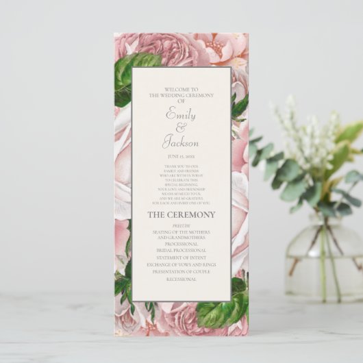 Elegant Blush Pink Floral Cream Wedding Programme Programma (Staand voorkant)