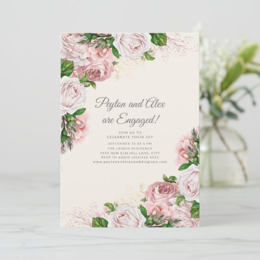 Elegant Blush Pink Floral Engagement Party Kaart (Staand voorkant)