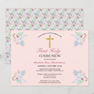 Elegant Blush Pink Floral First Heilige Communie Kaart