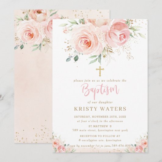 Elegant Blush Pink Floral Gold Baptisme Kaart (Voorkant / Achterkant)