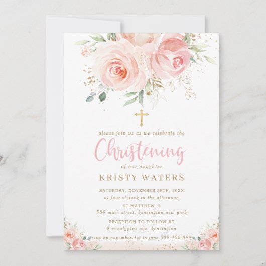 Elegant Blush Pink Floral Gold Christening Kaart (Voorkant)
