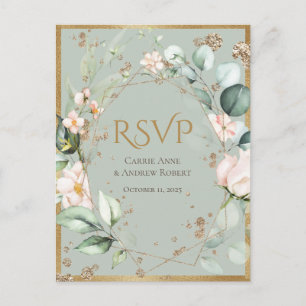Elegant Blush Pink Floral Gold Green Wedding Briefkaart