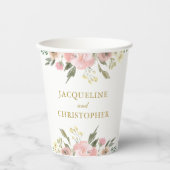 Elegant Blush Pink Floral Gold Script Weddenschap Papieren Bekers (Voorkant)