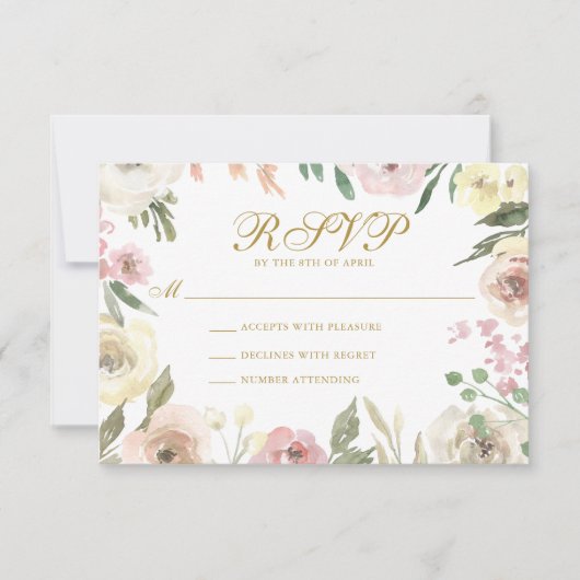 Elegant Blush Pink Floral Gold Script Weddenschap RSVP Kaartje (Voorkant)