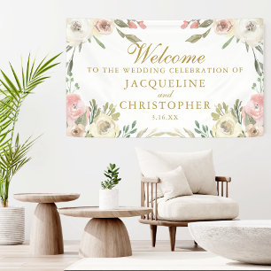 Elegant Blush Pink Floral Gold Script Weddenschap Spandoek