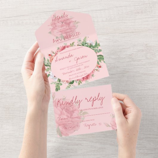 Elegant Blush Pink Floral Monogram huwelijk All In One Uitnodiging (Afscheurbaar)