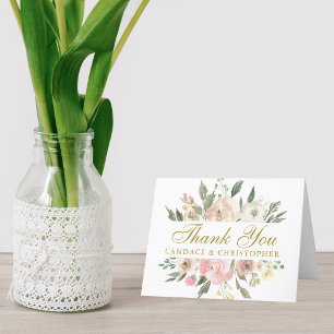 Elegant Blush Pink Floral Peony Gold Script Folded Bedankkaart