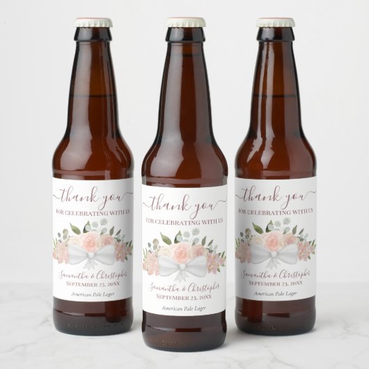Elegant Blush Pink Floral Rustic Weddenschap Dank  Bier Etiket (Flessen)