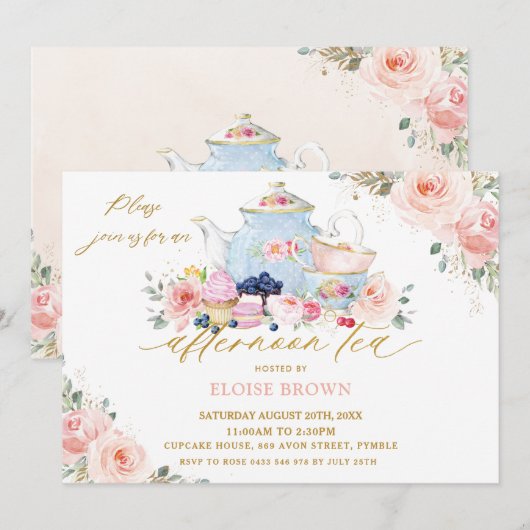 Elegant Blush Pink Floral vanmiddag Tea Party Kaart (Voorkant / Achterkant)
