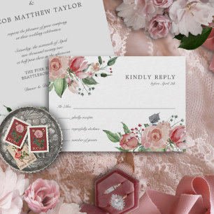 Elegant Blush Pink Floral Wedding RSVP Kaartje