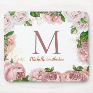 Elegant  Blush Pink Floral White Monogram Muismat
