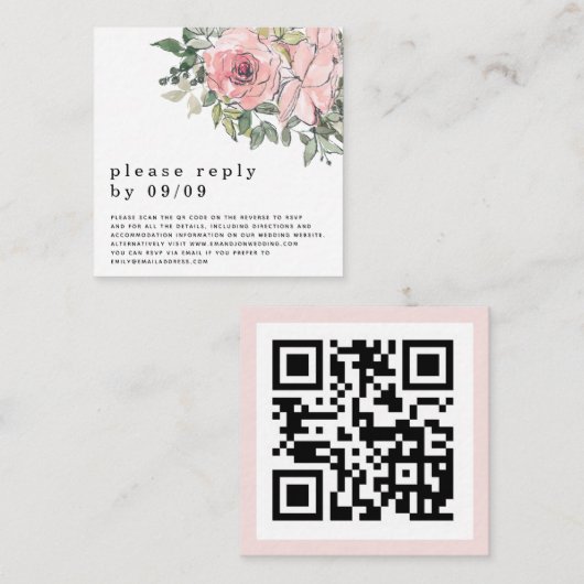 Elegant Blush Pink Florals QR Code Weddenschap RSV Informatiekaartje (Voorkant / Achterkant)