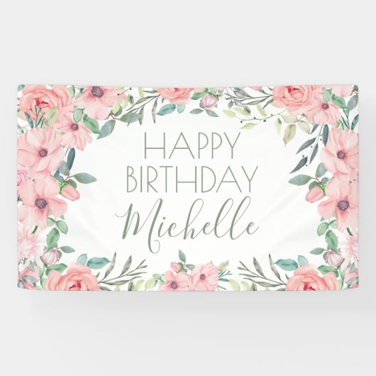 Elegant Blush Pink Flowers Happy Birthday Spandoek (Horizontaal)