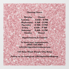 Elegant Blush pink Glitter Salon Opening Hours  Raamsticker
