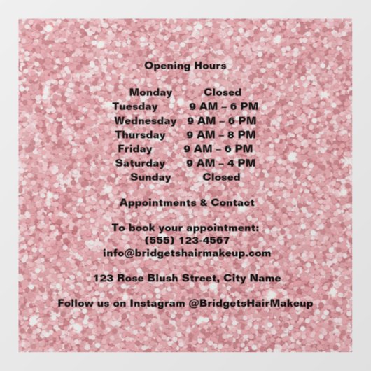 Elegant Blush pink Glitter Salon Opening Hours Raamsticker (Vel)
