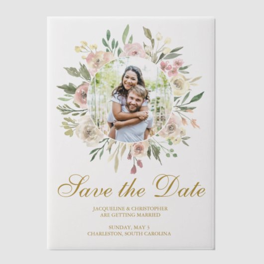 Elegant Blush Pink Gold Bloemenfoto Save the Date Vellum Uitnodigingen (Voorkant)