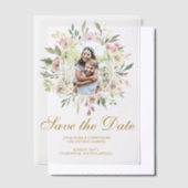 Elegant Blush Pink Gold Bloemenfoto Save the Date Vellum Uitnodigingen (Offset)