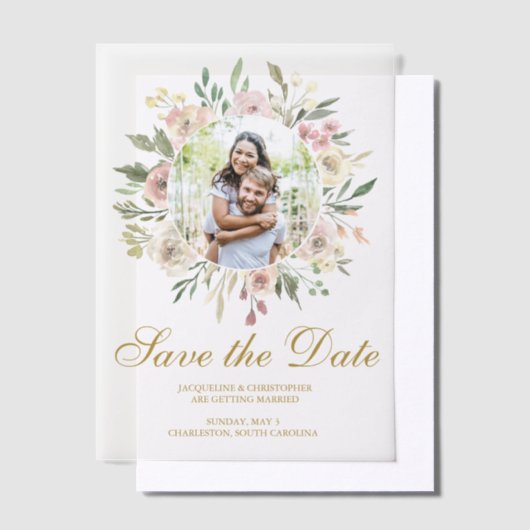 Elegant Blush Pink Gold Bloemenfoto Save the Date Vellum Uitnodigingen (Offset)