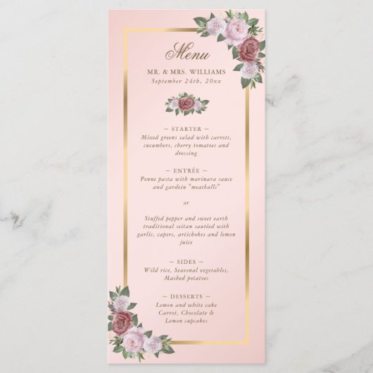 Elégant Blush Pink Gold Floral Menu Mariage (Devant)