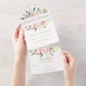 Elegant Blush Pink Gold Floral Summer Weddenschap All In One Uitnodiging (Afscheurbaar)
