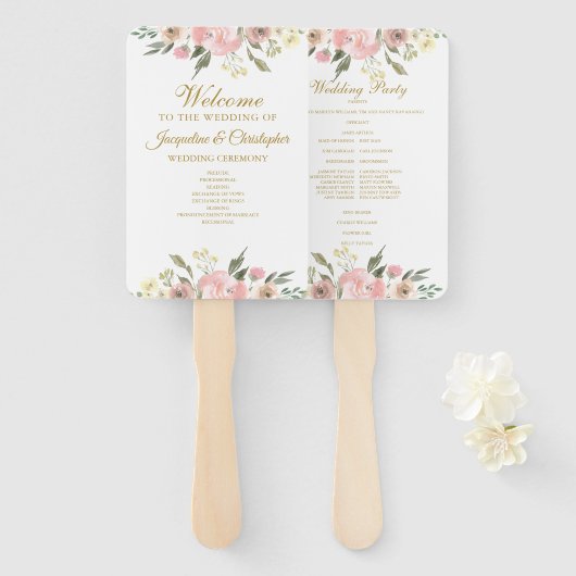 Elegant Blush Pink Gold Floral Wedding Program Fan Handwaaier (Voorkant en achterkant)