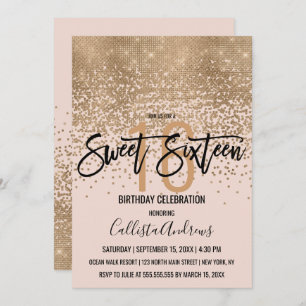 Elegant Blush Pink Gold Glitter Confetti Sweet 16 Kaart