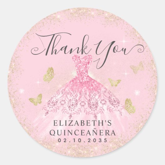 Elegant Blush Pink Gold Gown Quinceañera Dank u Ronde Sticker (Voorkant)