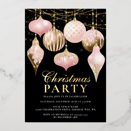 Elegant Blush Pink Gold Ornaments kerstfeest Folie Uitnodiging (Voorkant)