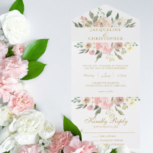 Elegant Blush Pink Gold Peony Floral Wedding All In One Uitnodiging