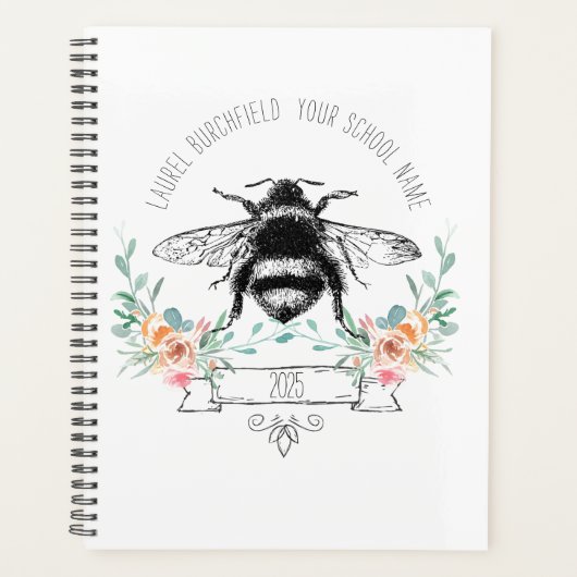 Elegant Blush Pink Green Bee Floral School Planner (Voorkant)