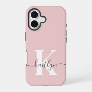 Elegant Blush Pink Grey Script Monogram iPhone 16 Hoesje
