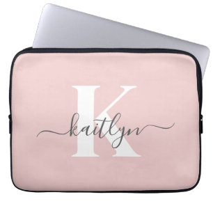 Elegant Blush Pink Grey Script Monogram Laptop Sleeve