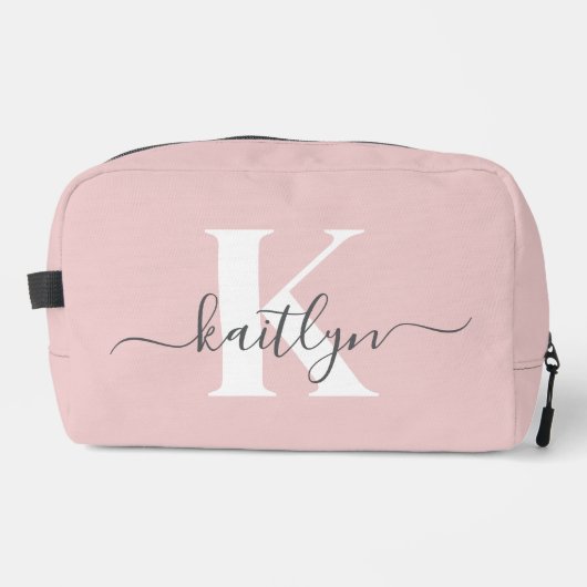 Elegant Blush Pink Grey Script Monogram Toilettasje (Voorkant)