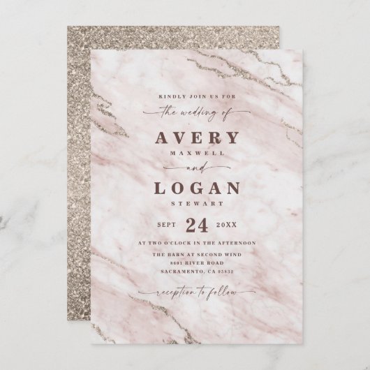 Elegant Blush Pink Marble & Glitter Wedding Kaart (Voorkant / Achterkant)
