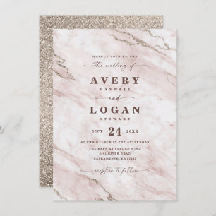 Elegant Blush Pink Marble & Glitter Wedding Kaart