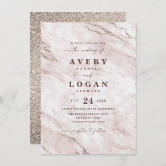 Elegant Blush Pink Marble & Glitter Wedding Kaart