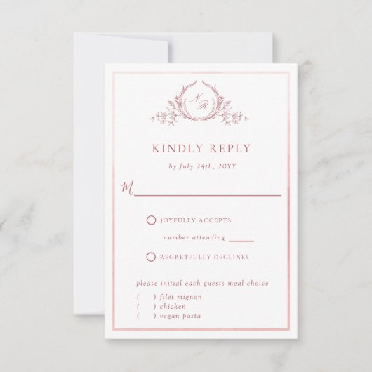 Elegant Blush Pink Monogram met Waterverf RSVP (Voorkant)