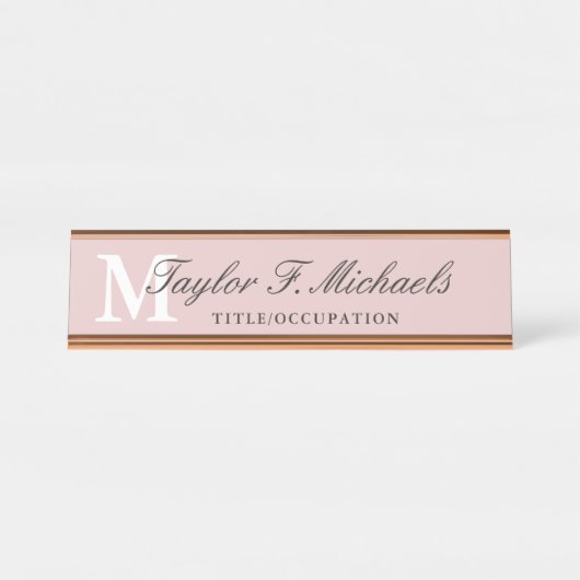 Elegant Blush Pink Monogram & Naam Bureau Naambordje (Voorkant)