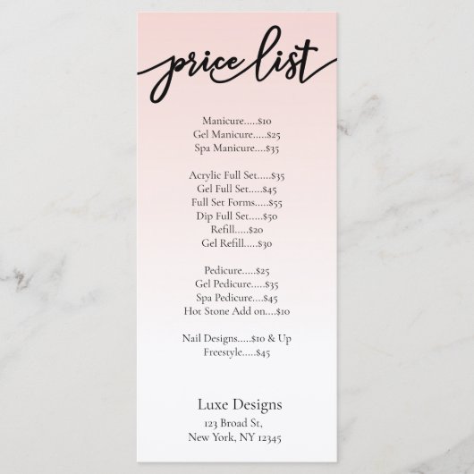 Elegant Blush Pink Nail Salon Price List Kaarten (Voorkant)