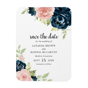 Elegant Blush Pink Navy Blue Floral Save the Date Magneet