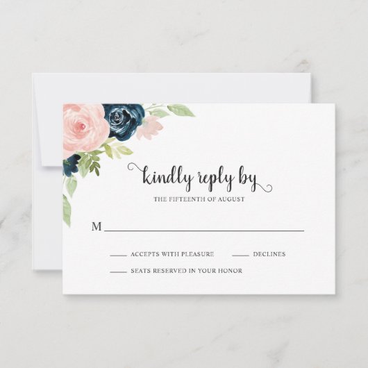 Elegant Blush Pink Navy Blue Floral Wedding RSVP Kaartje (Voorkant)