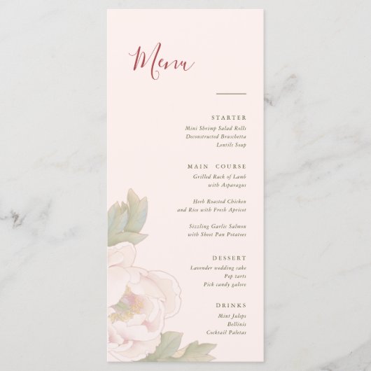 Elegant Blush Pink Peony Bloemen Party Menu Kaart (Voorkant)