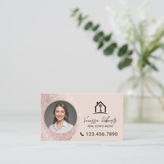 Elegant Blush Pink Real Estate Agent Photo Visitekaartje (Staand voorkant)