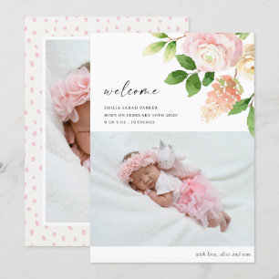 Elegant Blush Pink Rose Floral Foto Baby geboorte Aankondiging