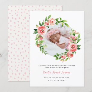 Elegant Blush Pink Rose Floral Foto Baby geboorte Aankondiging