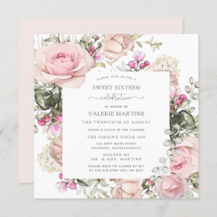 Elegant Blush Pink Rose Floral Sweet 16 Party Kaart