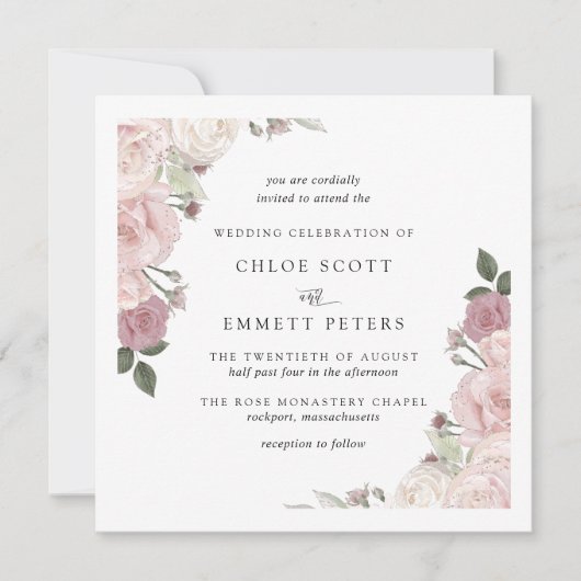 Elegant Blush Pink Rose Floral Wedding Uitnodiging (Voorkant)