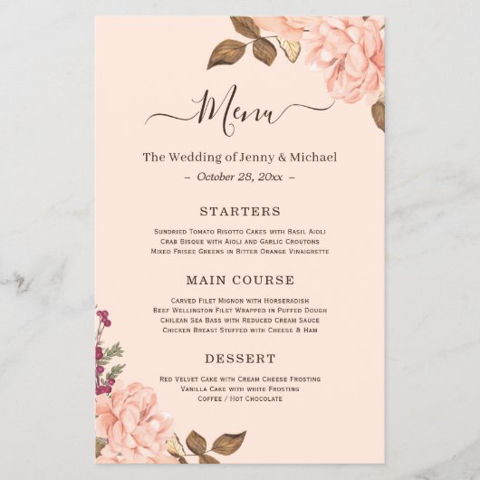 Elegant Blush Pink Victoria Floral Wedding Menu (Voorkant)